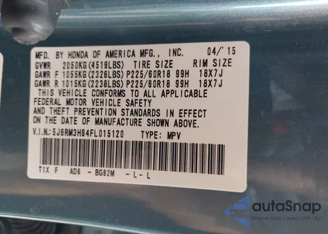 2015 Honda Cr-V Touring из США, поврежденный, VIN 5J6RM3H94FL015120